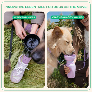 Springland Pets 20 oz Flip travel dog water bottle in Lilac with collapsible silicone bowl and carabiner (5).png