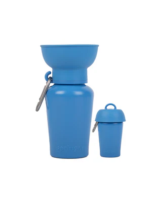 Springland Pets 20 oz Flip travel dog water bottle in Blueberry with collapsible silicone bowl and carabiner.png