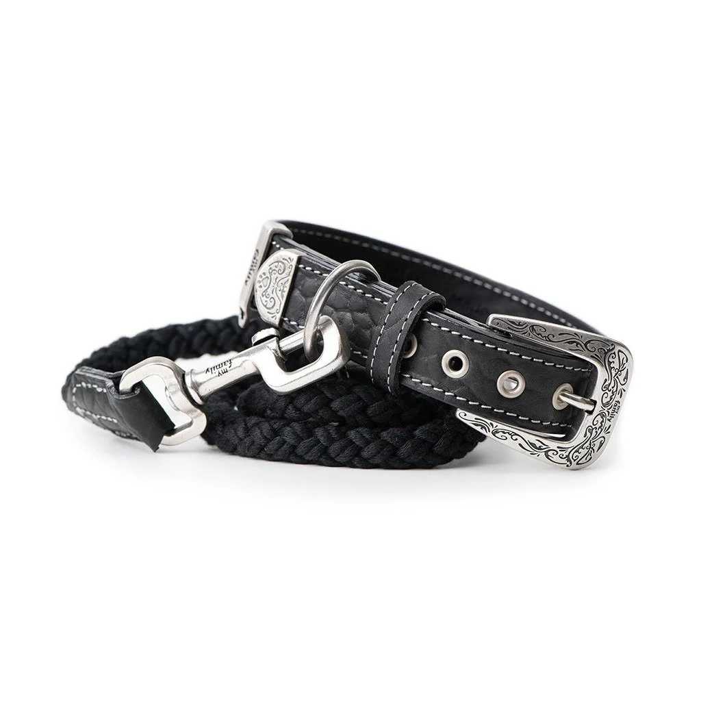 MyFamily El Paso black genuine leather dog collar