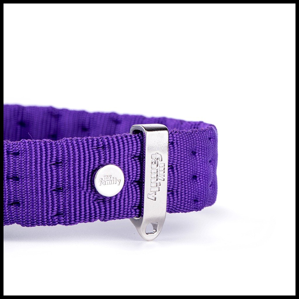 MyFamily Milano purple Italian nylon dog collar with white bronze hardware