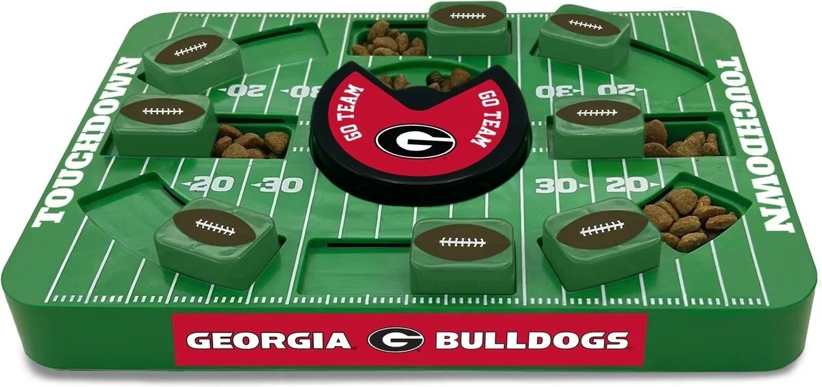 Pets First Georgia Bulldogs treat dispensing dog puzzle toy with rotating team logo spinner.jpg