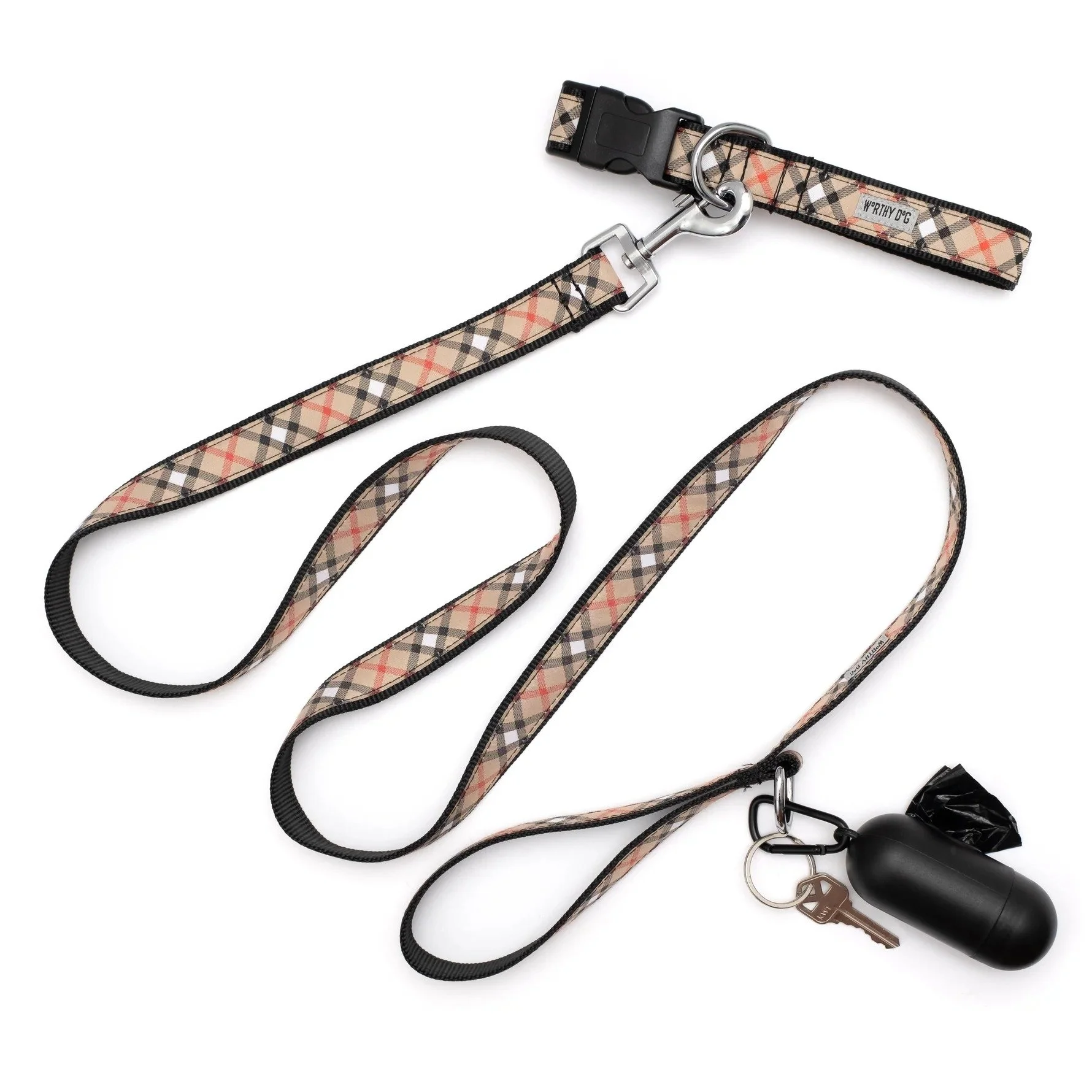 The Worthy Dog Bias Plaid adjustable dog collar with woven plaid ribbon, nylon webbing, buckle and metal D-ring
