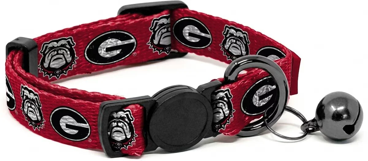 ShopInstaPets Georgia Bulldogs breakaway cat collar with team logo graphics, bell, and adjustable buckle.jpg