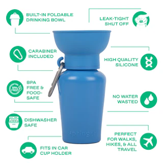 Springland Pets 20 oz Flip travel dog water bottle in Blueberry with collapsible silicone bowl and carabiner (3).png
