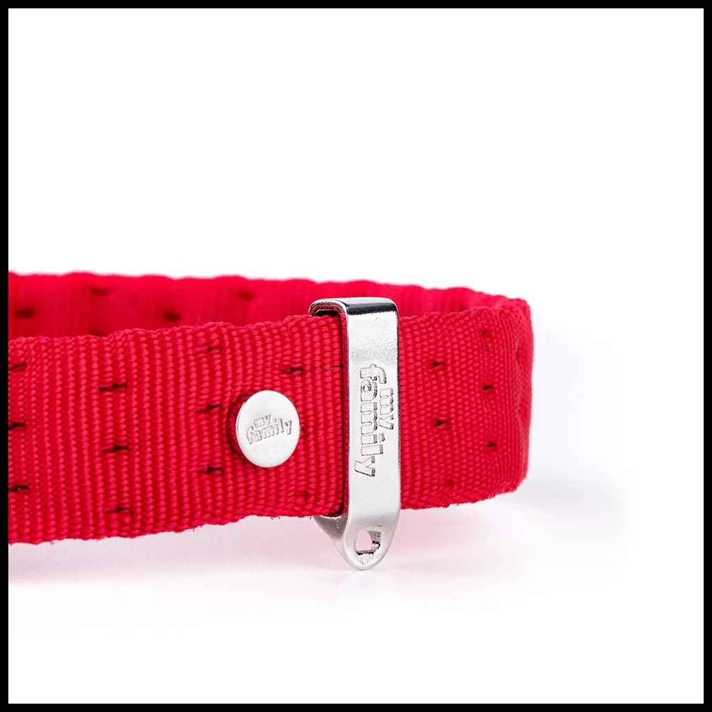 MyFamily Milano red Italian nylon dog collar with white bronze hardware