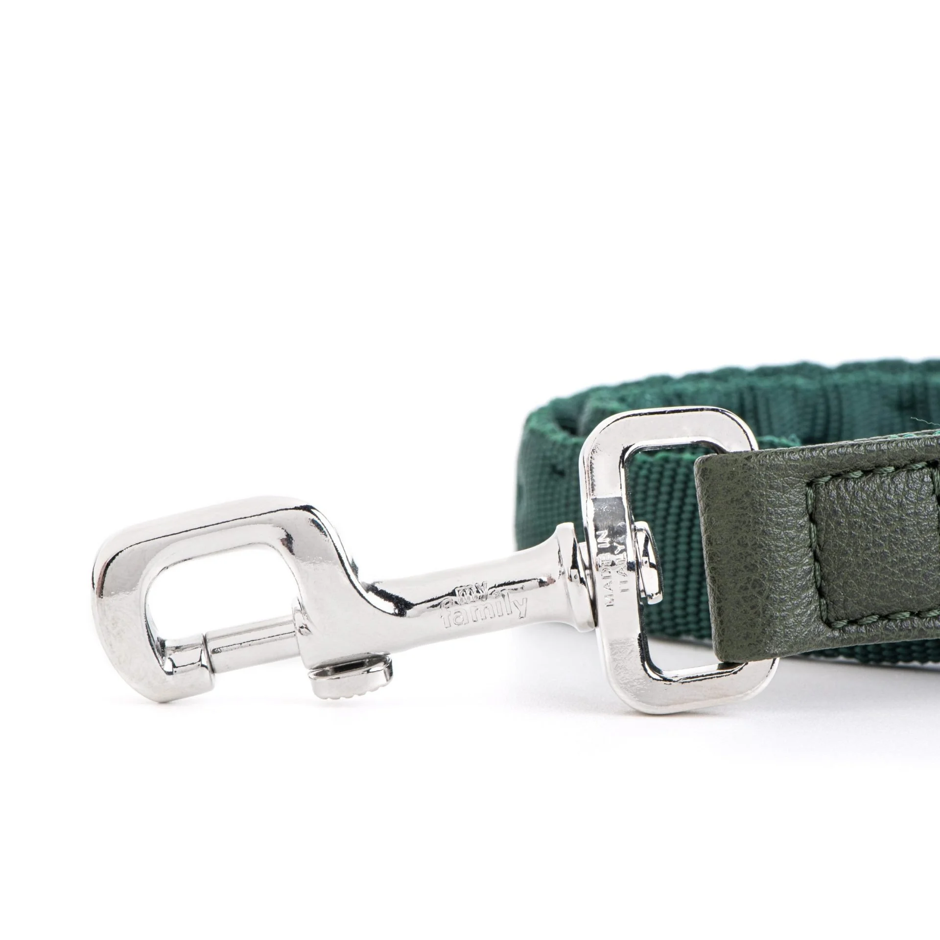 MyFamily Milano green Italian nylon dog leash with white bronze hardware