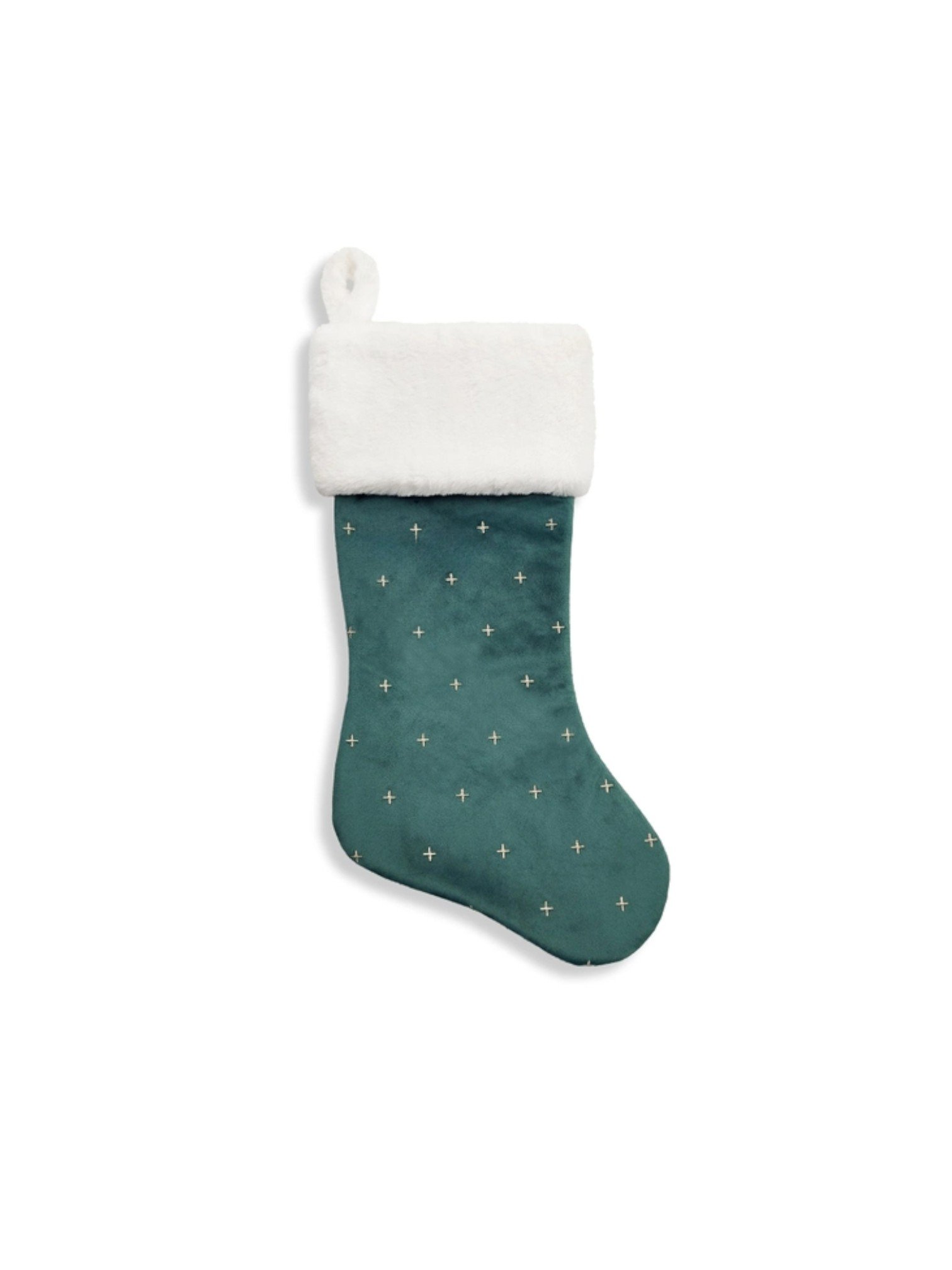 Gold Star Tufted Velvet Stocking with Faux Fur Cuff - Green