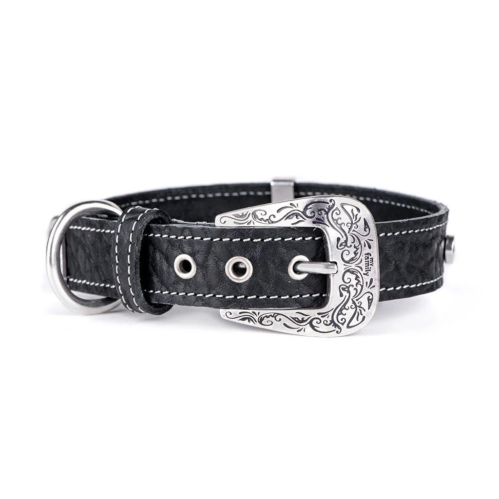 MyFamily El Paso Black Genuine Leather Dog Collar