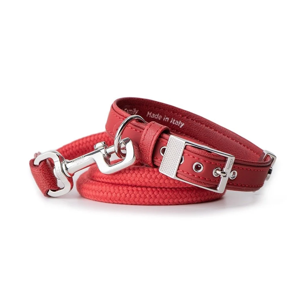 Red synthetic fiber dog collar designed for comfortable everyday wear with durable construction and classic outdoor-inspired style.