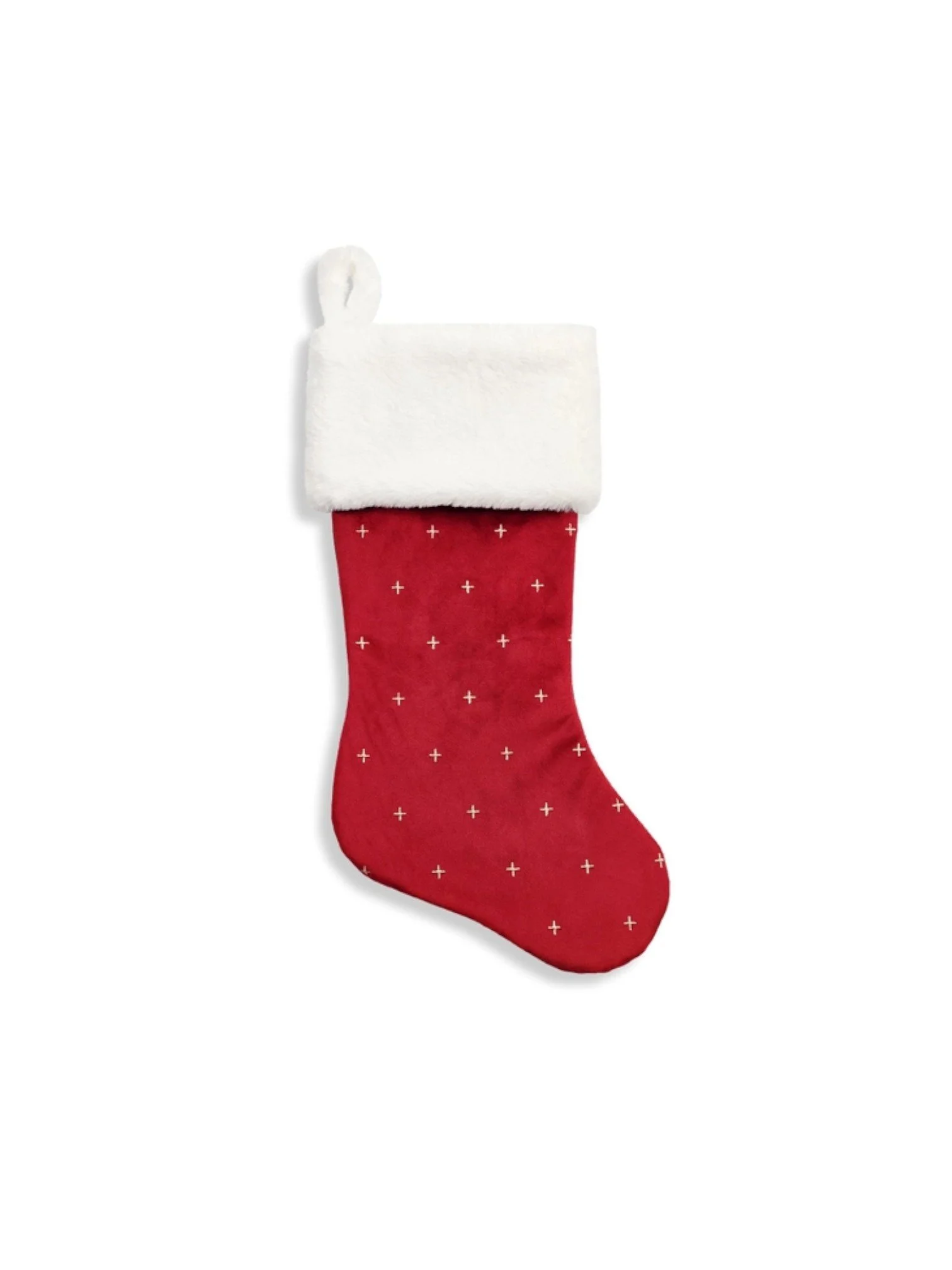 Gold Star Tufted Velvet Stocking with Faux Fur Cuff - Red