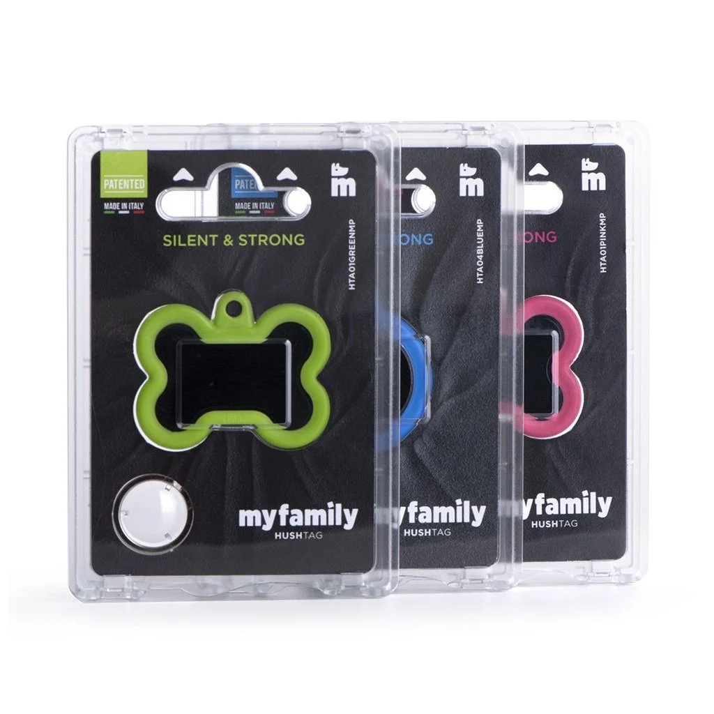 MyFamily Hushtag big black aluminum bone dog ID tag with green rubber accent