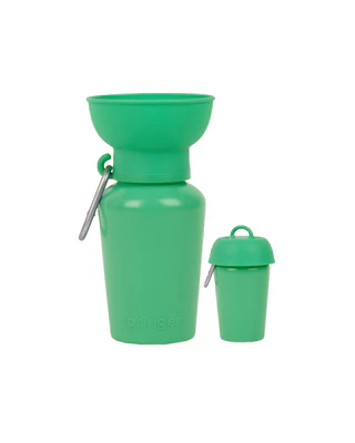 Springland Pets 20 oz Flip travel dog water bottle in Green with collapsible silicone bowl and carabiner (1).png