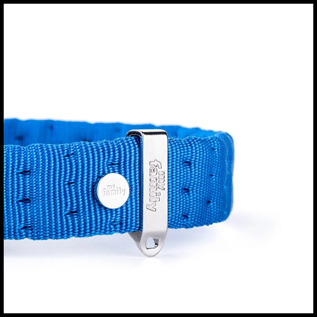 MyFamily Milano light blue Italian nylon dog collar with white bronze hardware