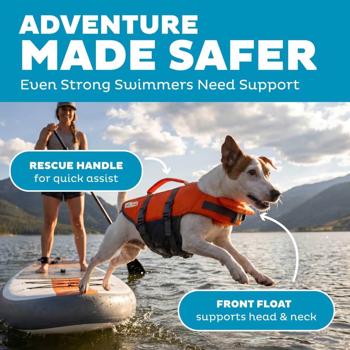 Bright orange Outward Hound Granby Ripstop dog life jacket with reflective accents, neck float, adjustable straps, and rescue handles (1).jpg