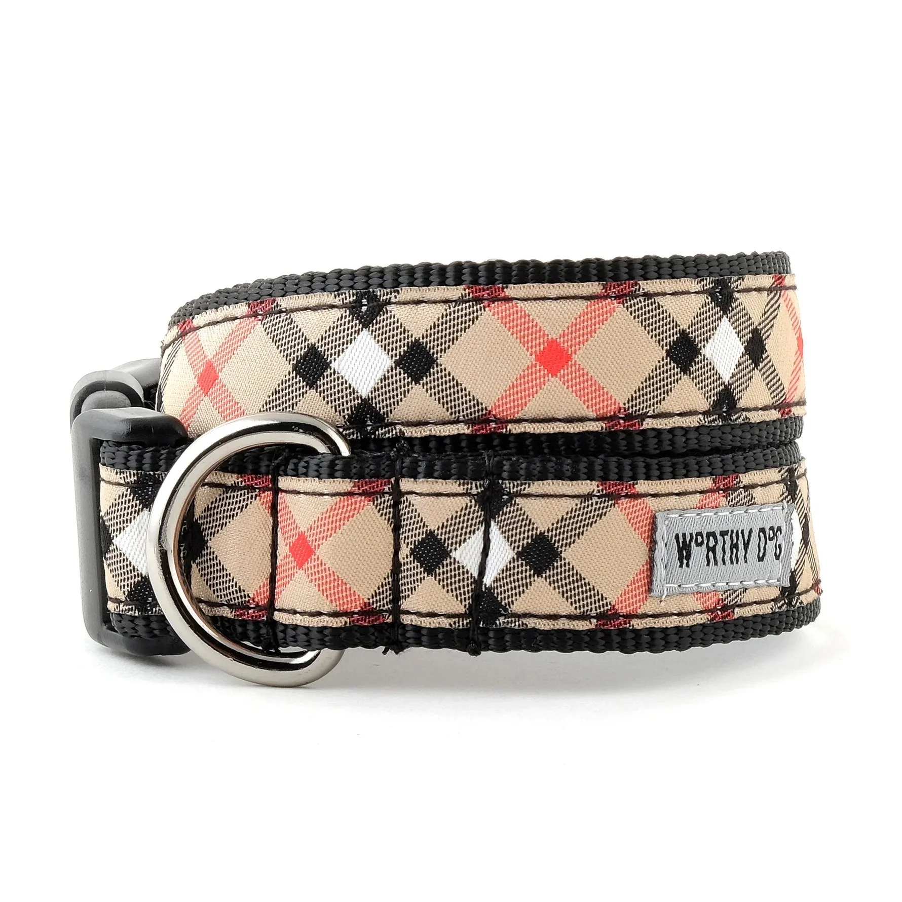 The Worthy Dog Bias Plaid adjustable dog collar with woven plaid ribbon, nylon webbing, buckle and metal D-ring