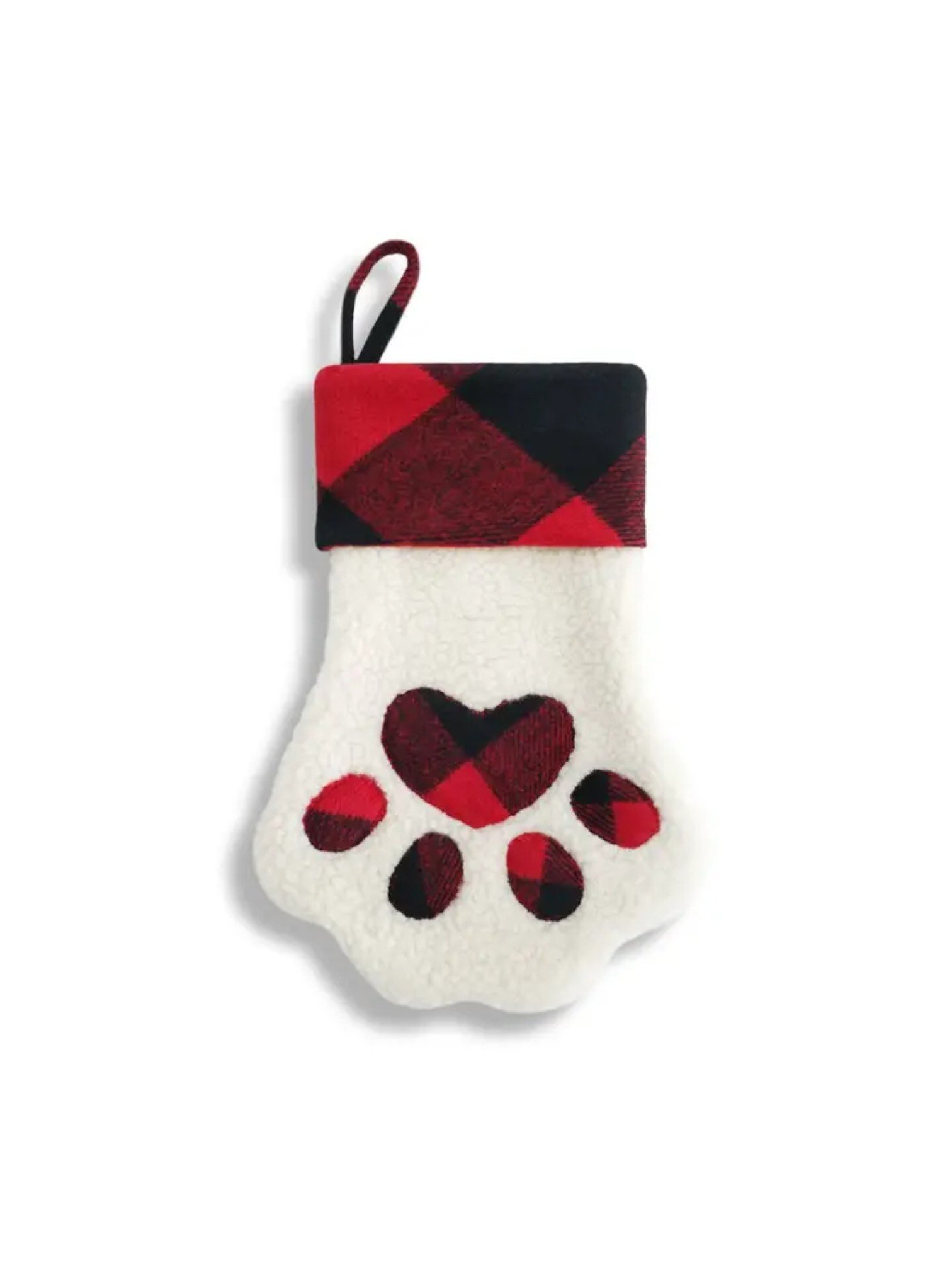 Faux Sherpa Dog Paw Stocking with Red Plaid Cuff