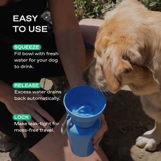 Springland Pets 20 oz Flip travel dog water bottle in Blueberry with collapsible silicone bowl and carabiner (1).png