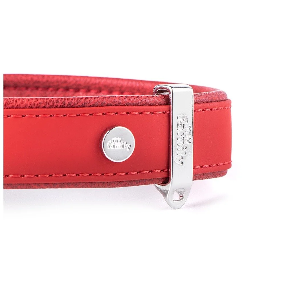 Red synthetic fiber dog collar designed for comfortable everyday wear with durable construction and classic outdoor-inspired style.