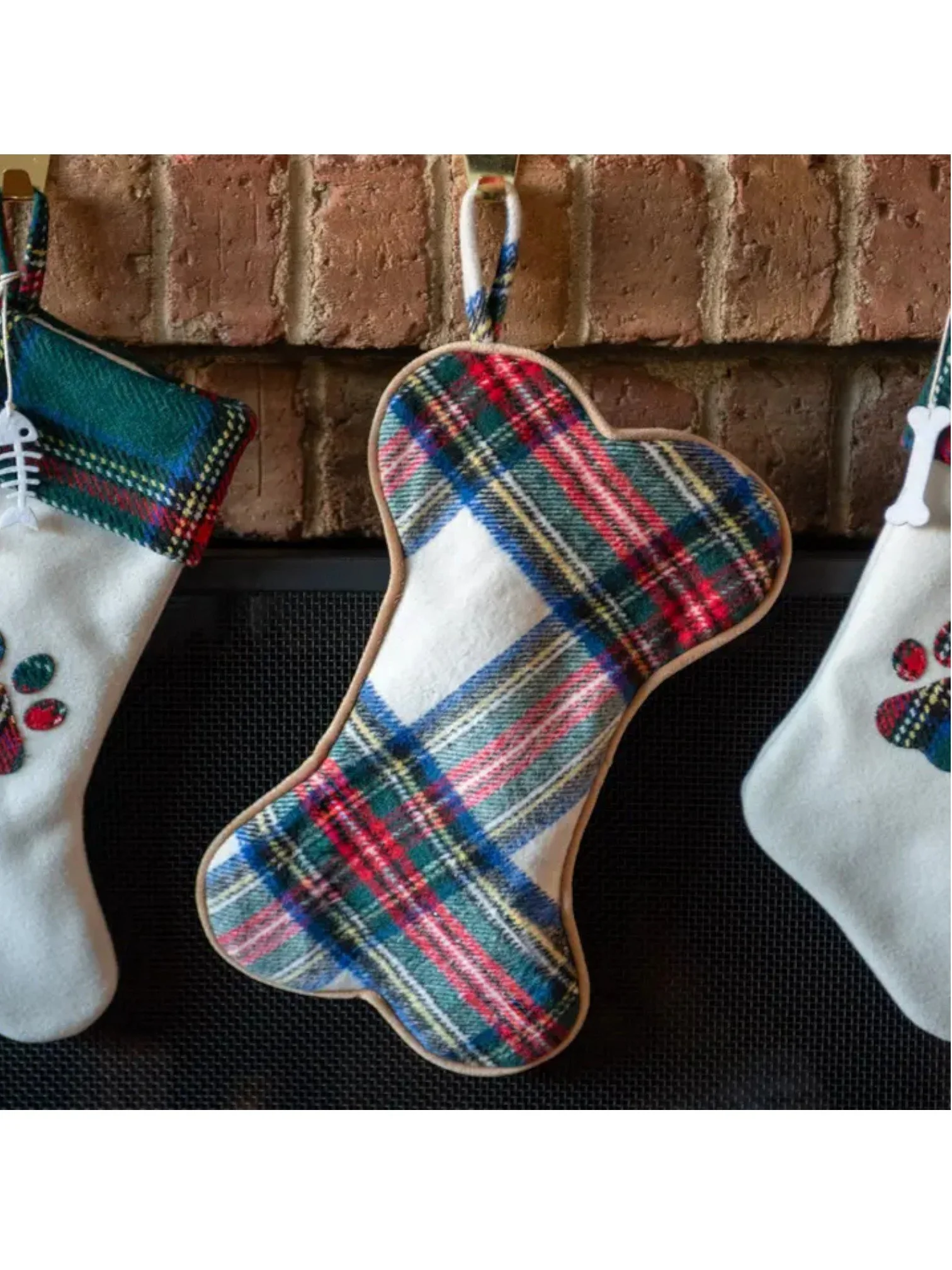 Faux Mohair Plaid Dog Bone Christmas Stocking
