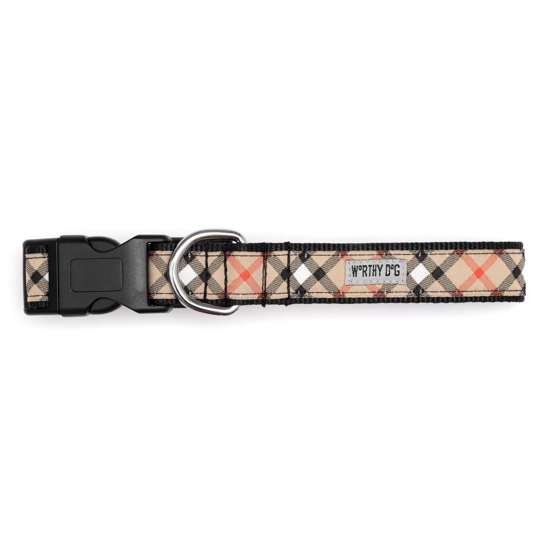 The Worthy Dog Bias Plaid adjustable dog collar with woven plaid ribbon, nylon webbing, buckle and metal D-ring