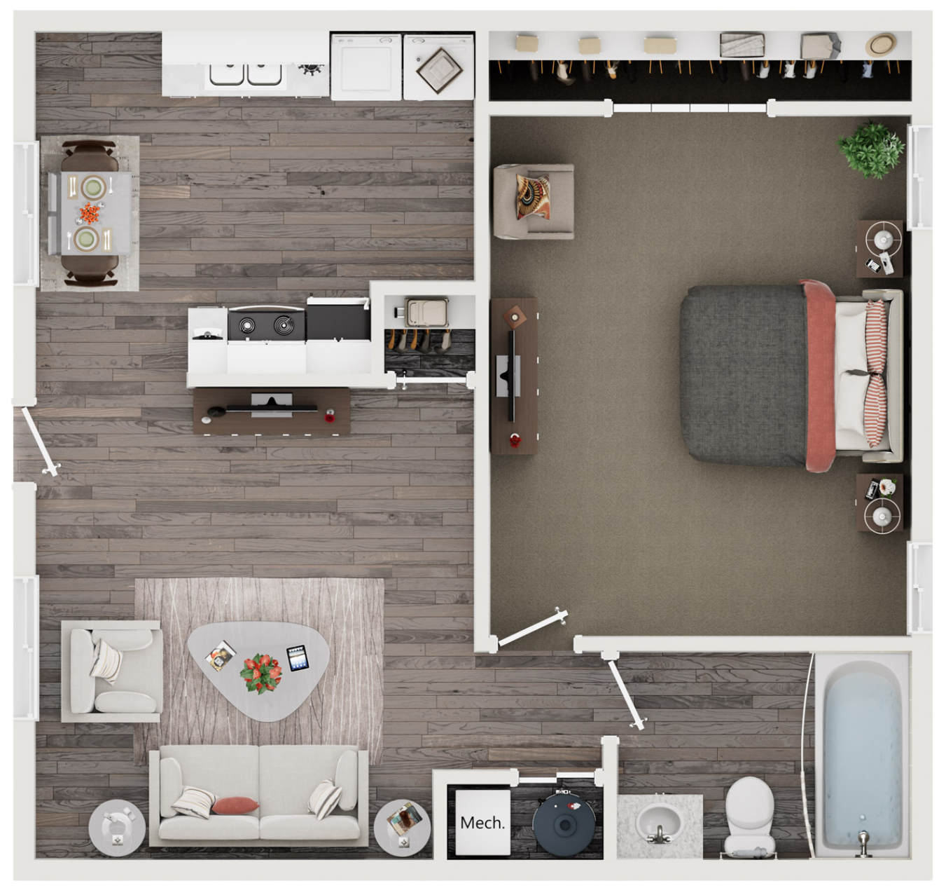 Top-down view of a one-bedroom apartment featuring a combined living room and kitchen area, a bedroom with a bed and side tables, and a bathroom with a bathtub, toilet, and sink. The living room contains a sofa, armchair, coffee table with decorations, and a television. The kitchen has appliances and a small dining table.