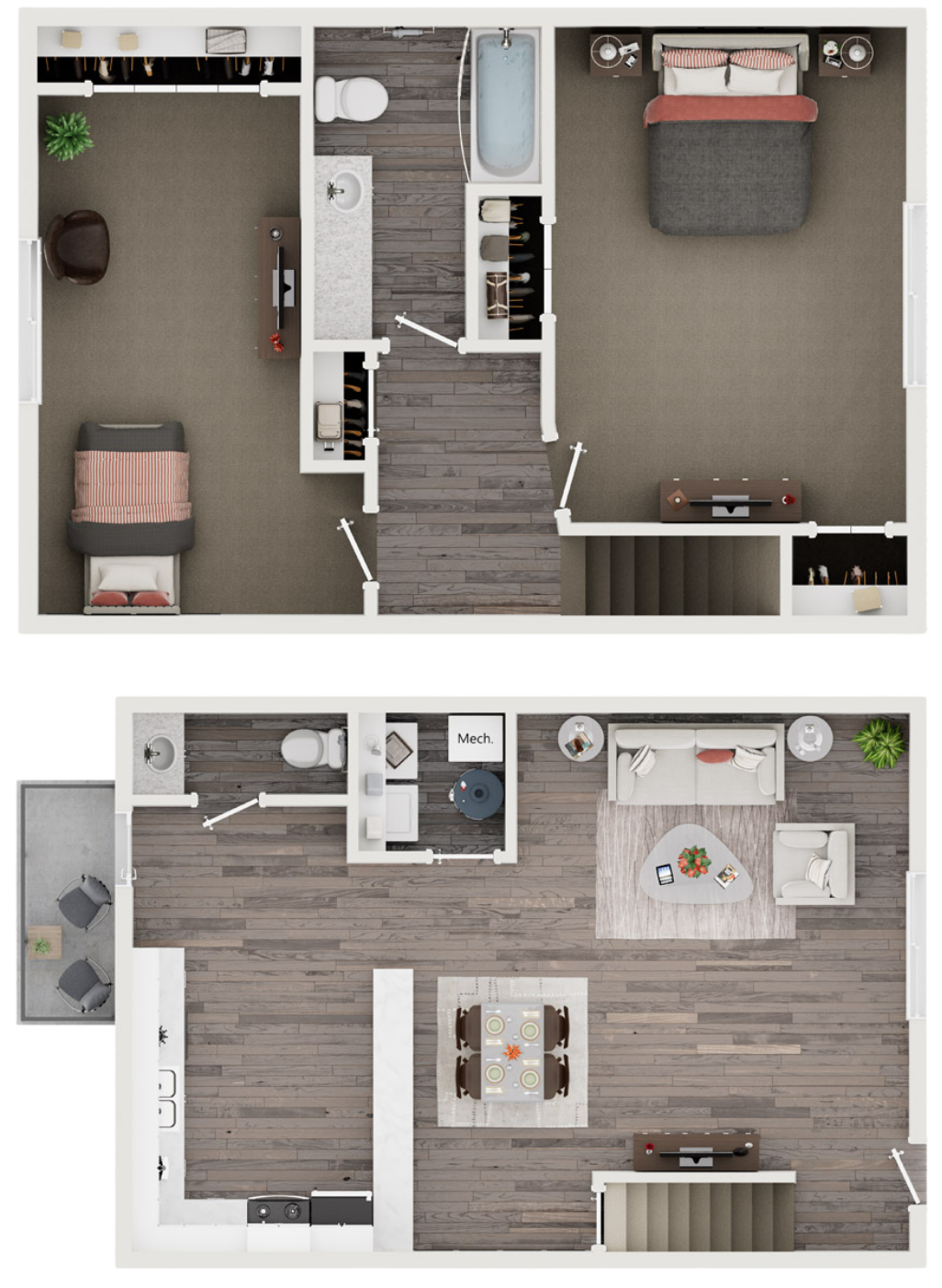 Top floor plan includes two bedrooms, a bathroom, and a central hallway with closet space. Bottom floor features an open living and dining area, kitchen, small bathroom, and a balcony.