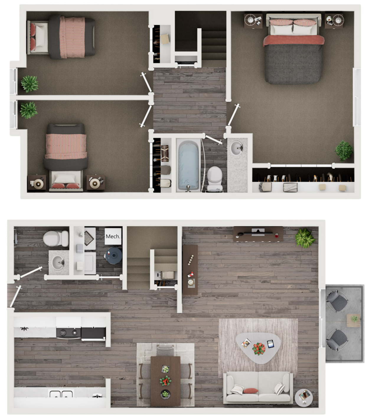 Floor plan of a two-story house with living room, kitchen, dining area on the first floor, and three bedrooms, one bathroom, and an extra toilet on the second floor.