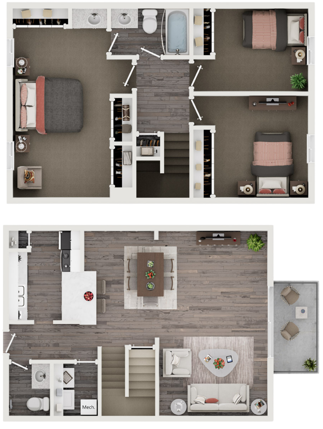 Top floor plan of a house showing three bedrooms, a bathroom, and closets. Bottom floor plan with a living room, kitchen, dining area, bathroom, and a balcony.