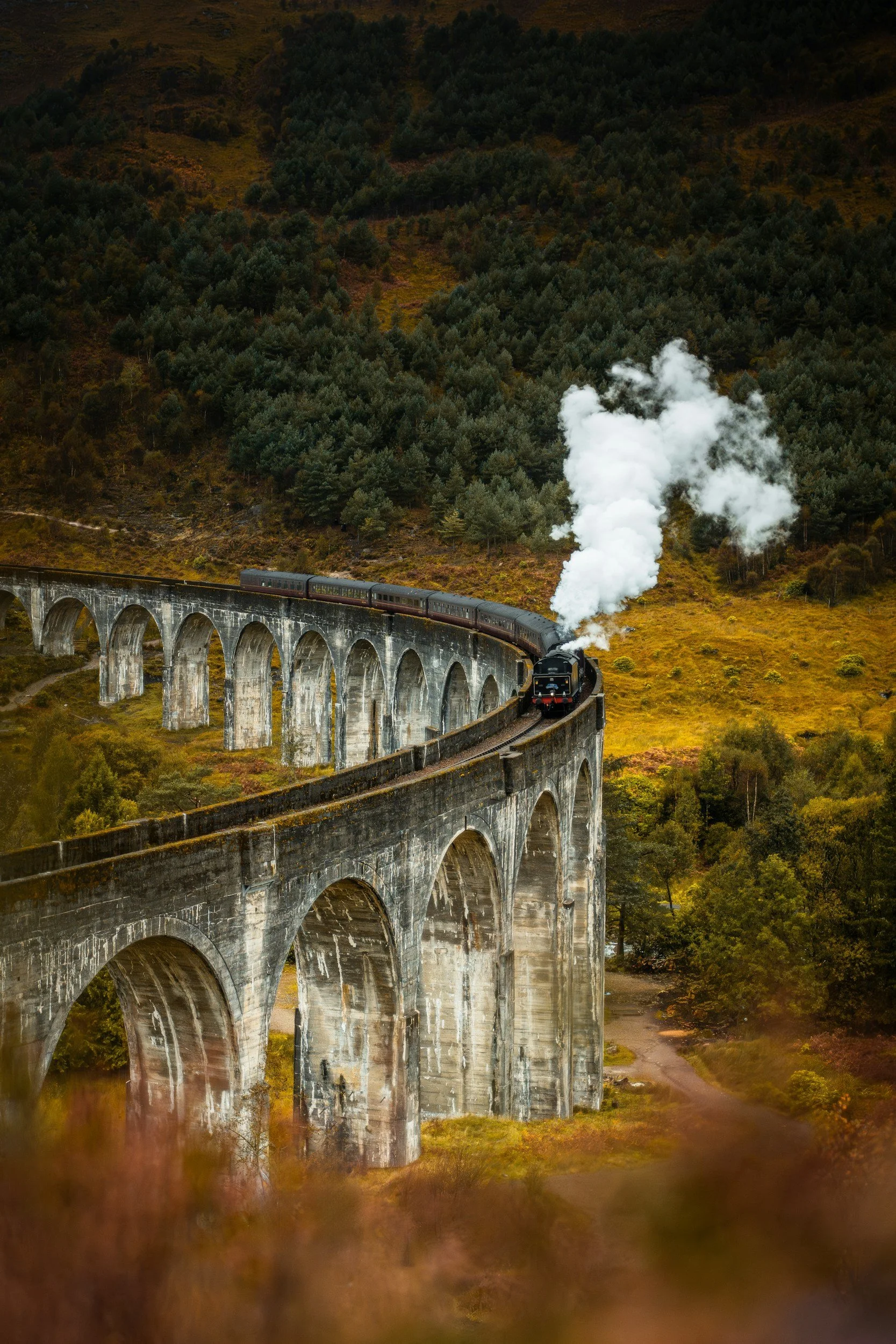 A steam train traveling on a curved stone viaduct in a forested, hilly landscape with trees and bushes in autumn colors.