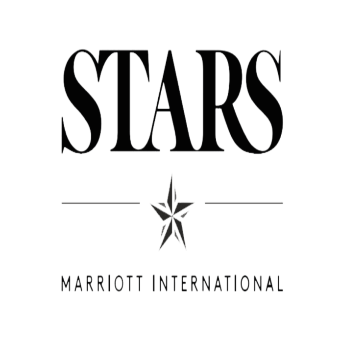 Black background with the word 'STARS' in large white outlines, a star graphic in the center, and 'MARRIOTT INTERNATIONAL' in smaller white letters at the bottom.