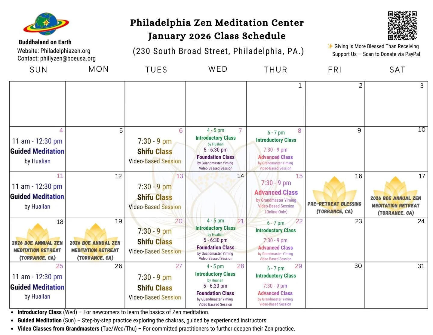 January Regular Class Schedule