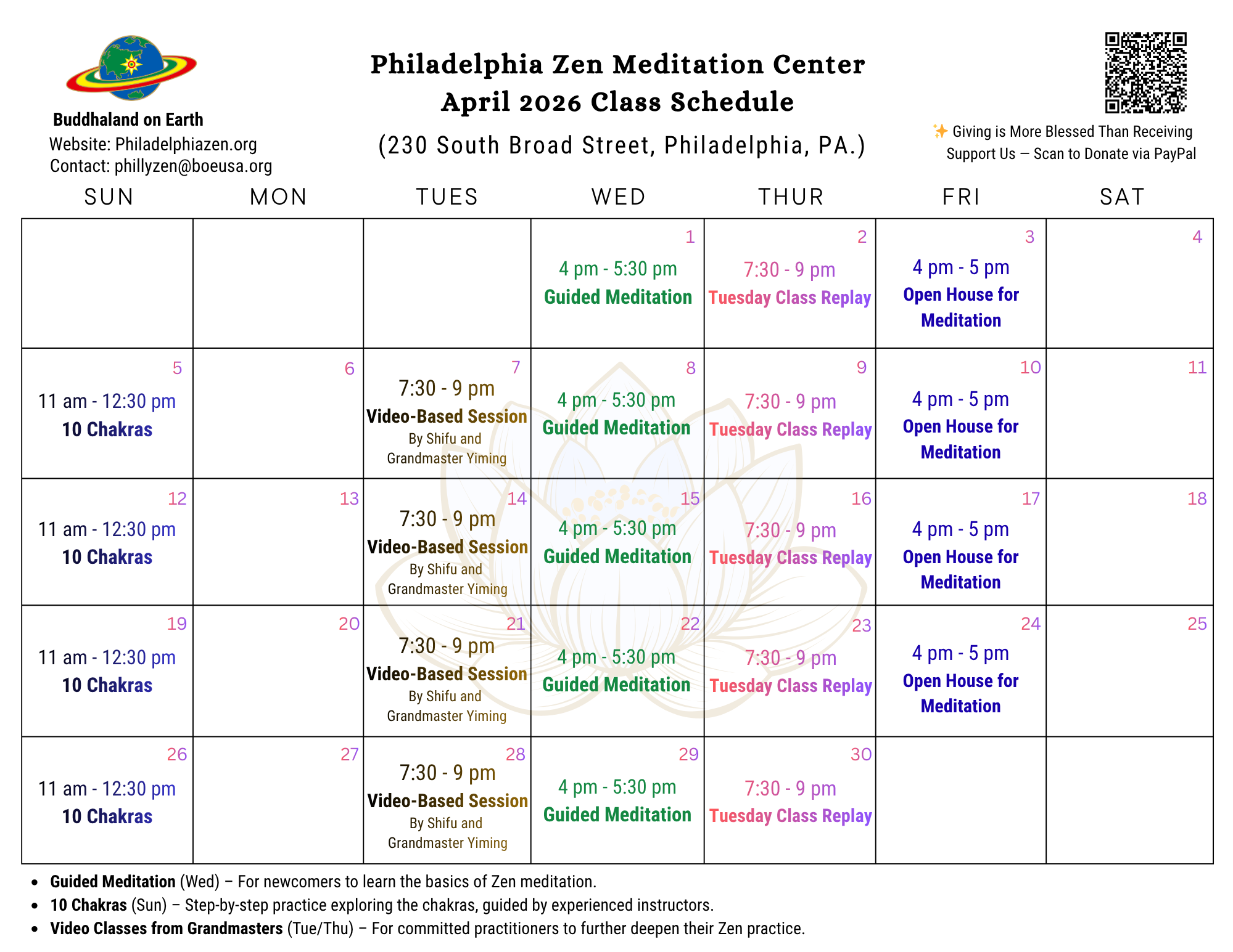 April Regular Classes Schedule