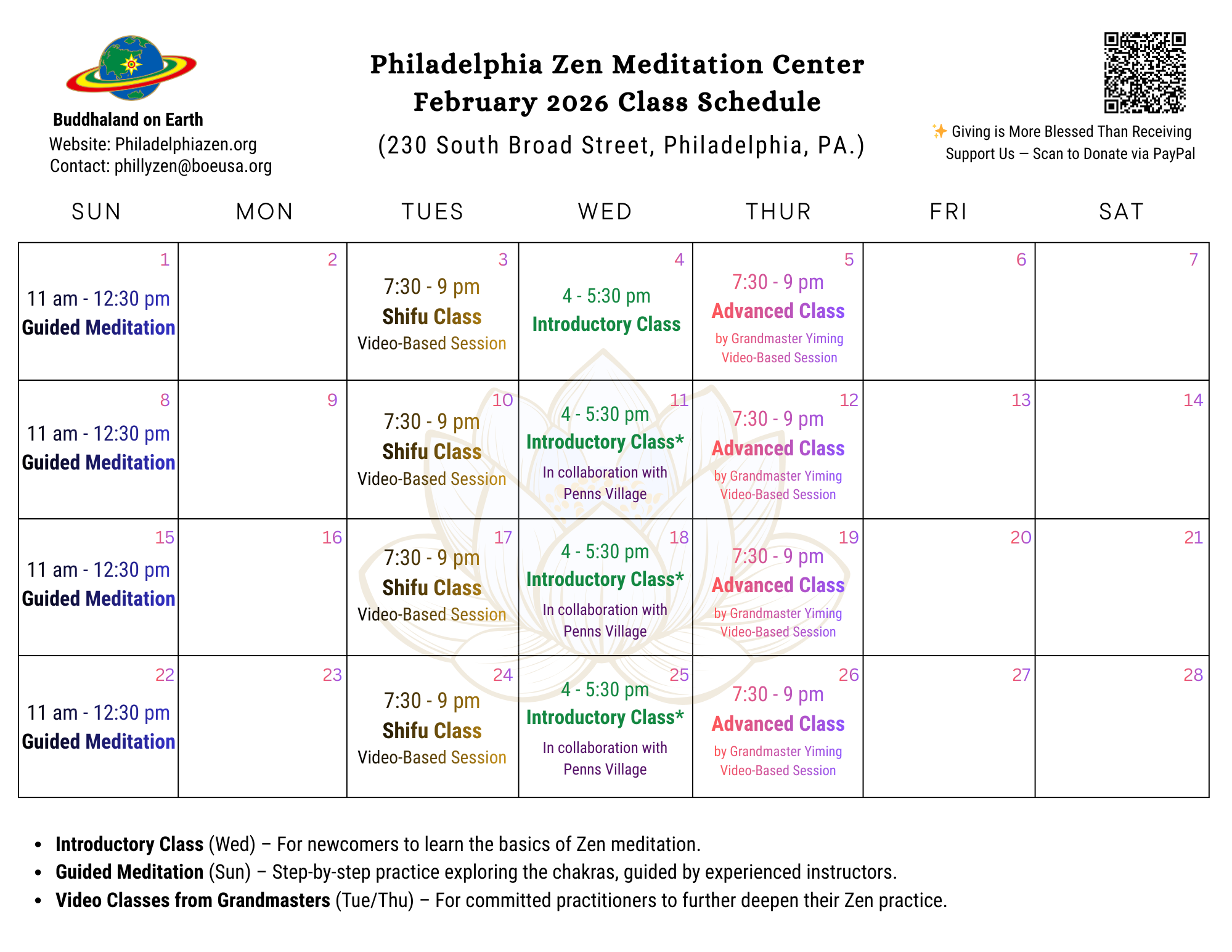 February Regular Class Schedule