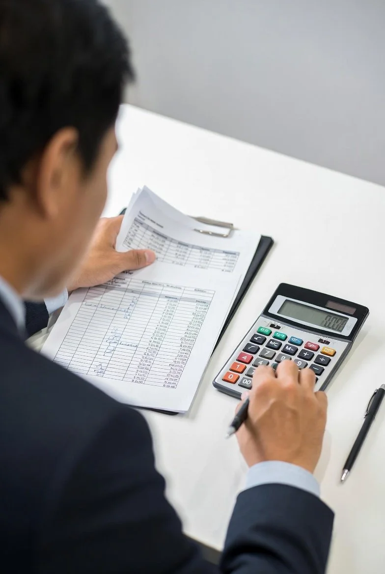 Ein Mann in einem schwarzen Anzug arbeitet an Dokumenten mit einem Taschenrechner auf einem weißen Schreibtisch.