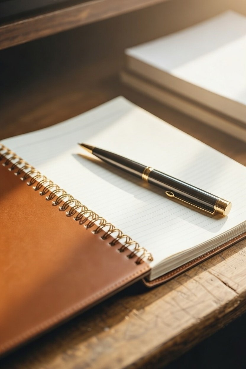 Ein offenes Notizbuch mit linierten Seiten, ein schwarzer Kugelschreiber und ein brauner Spiralnotizblock auf einem Holztisch.