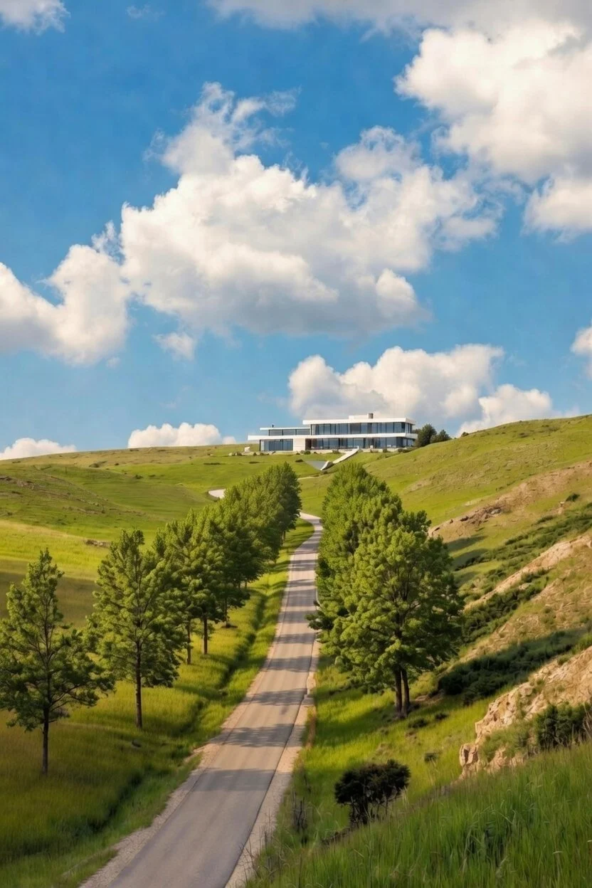 Eine lange Straße führt durch eine grüne Hügellandschaft mit Bäumen, hin zu einem modernen weißen Traumhaus auf einem Hügel unter einem blauen Himmel mit weißen Wolken.