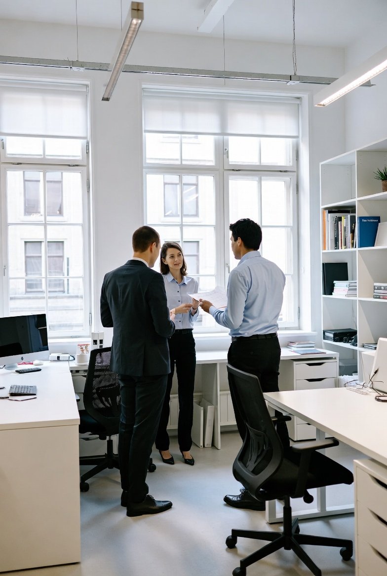 Unser Team führt ein Gespräch in einem modernen Büro mit großen Fenstern und weißen Möbeln.