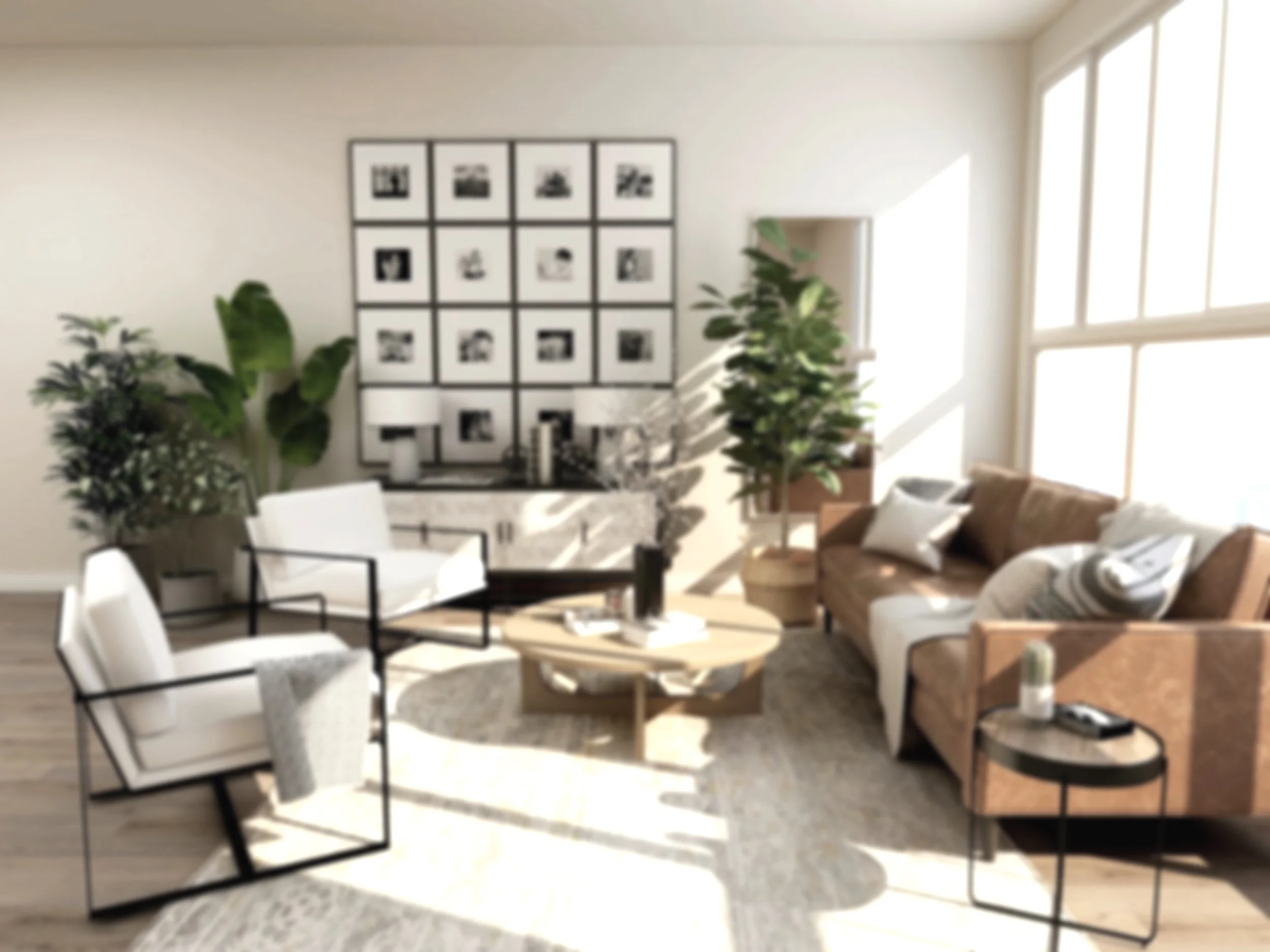 Bright living room with large windows, brown sofa with pillows, white armchairs with black frames, a round wooden coffee table, a gray side table with a plant, decorative photos on the wall, and green plants.