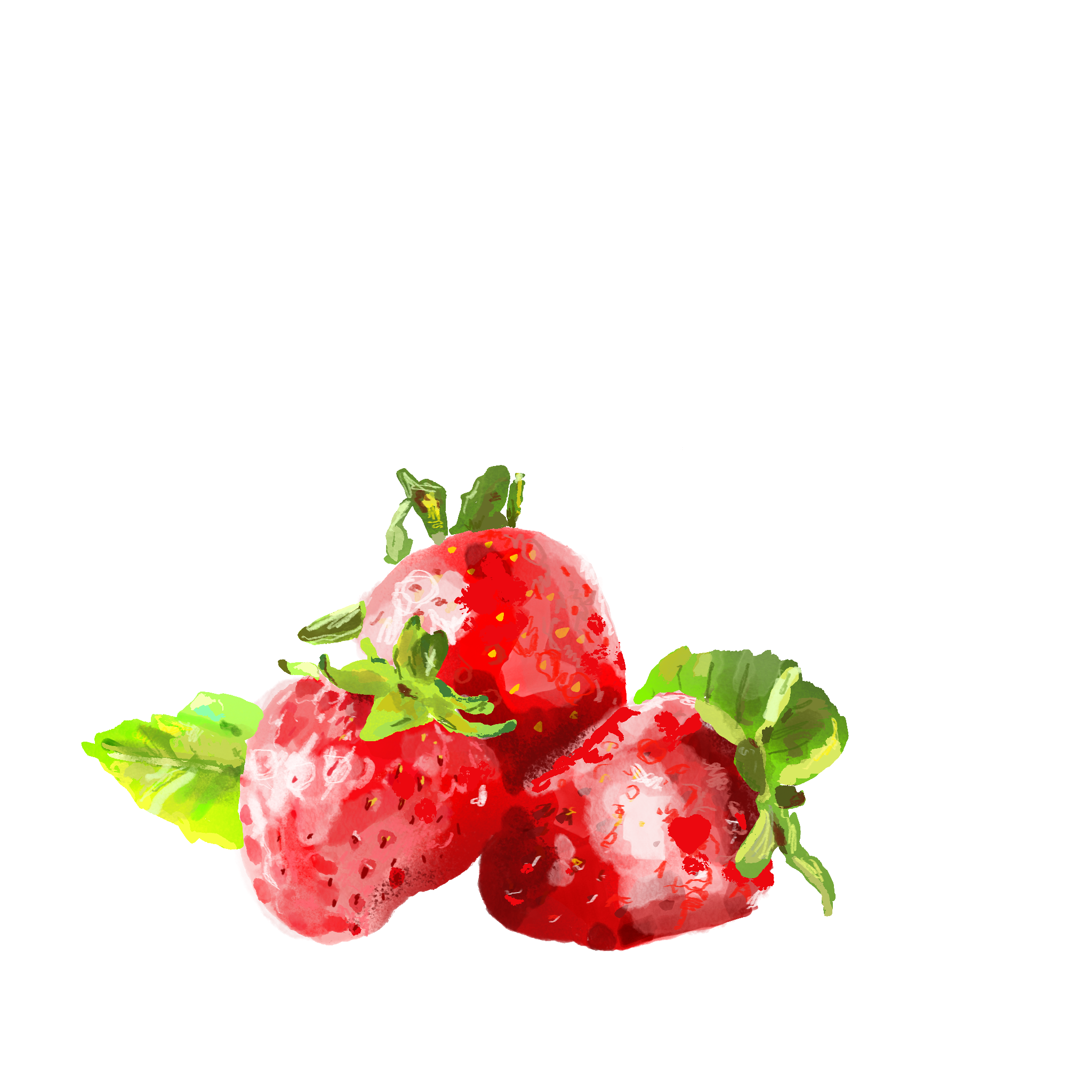 Three ripe strawberries with green leaves on a white background.