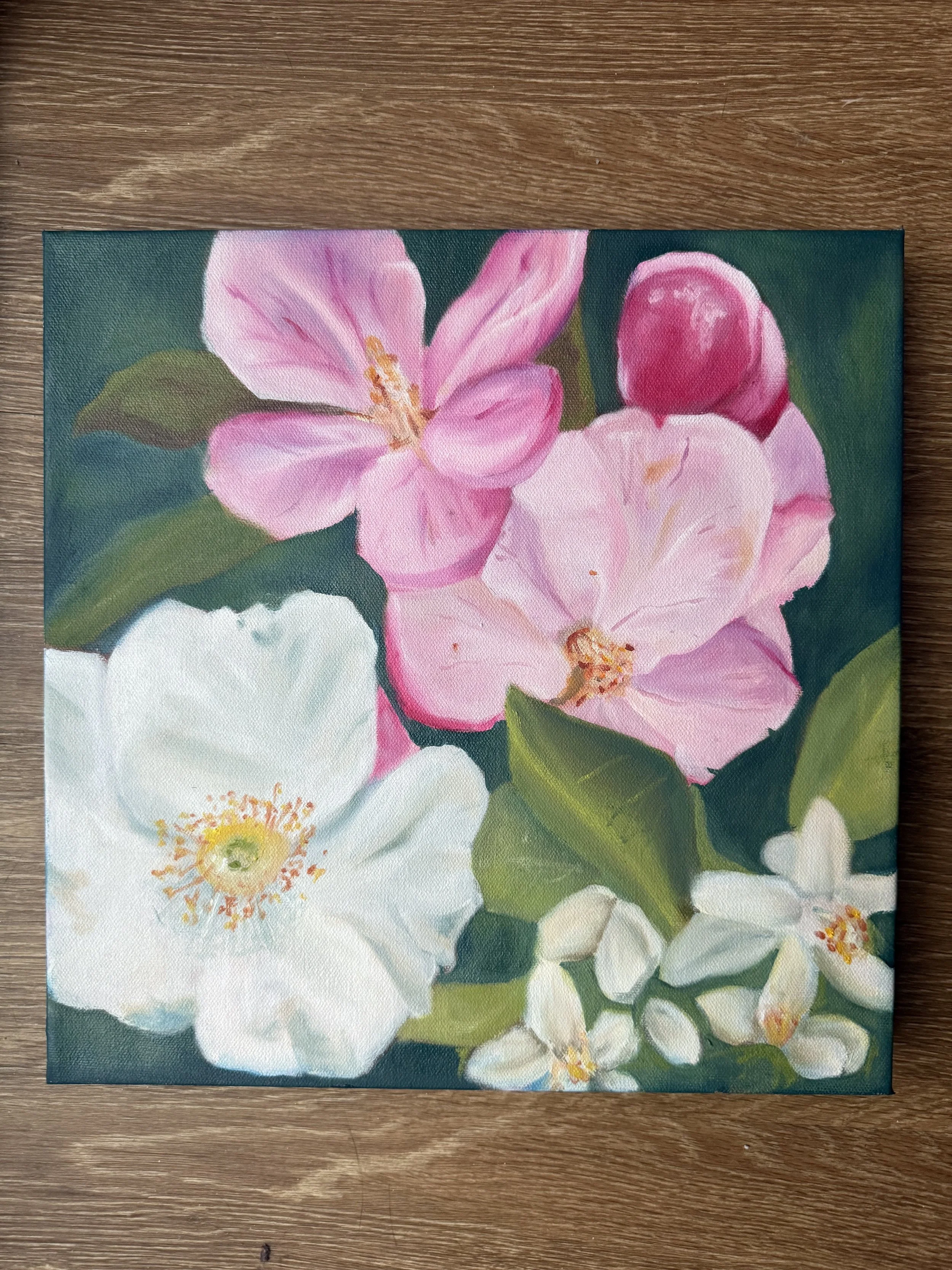 Painting of blooming pink and white flowers with green leaves.