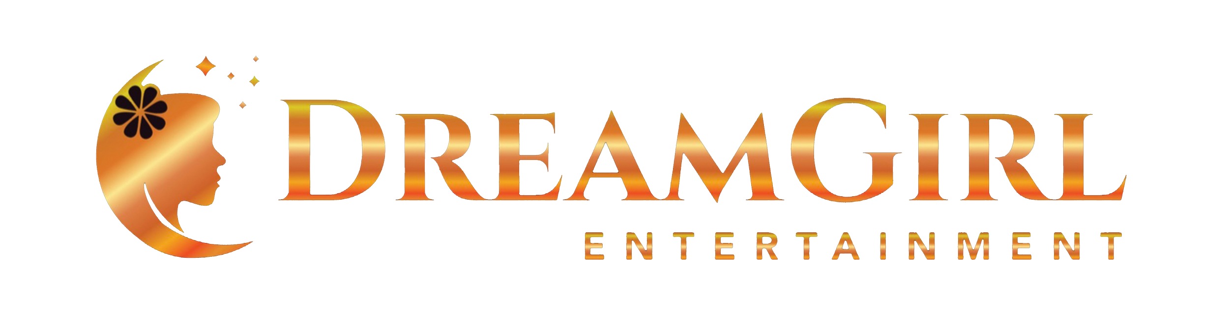 Golden logo with a silhouette of a woman's profile, a flower, and the words "DreamGirl Entertainment" in stylized gold lettering.