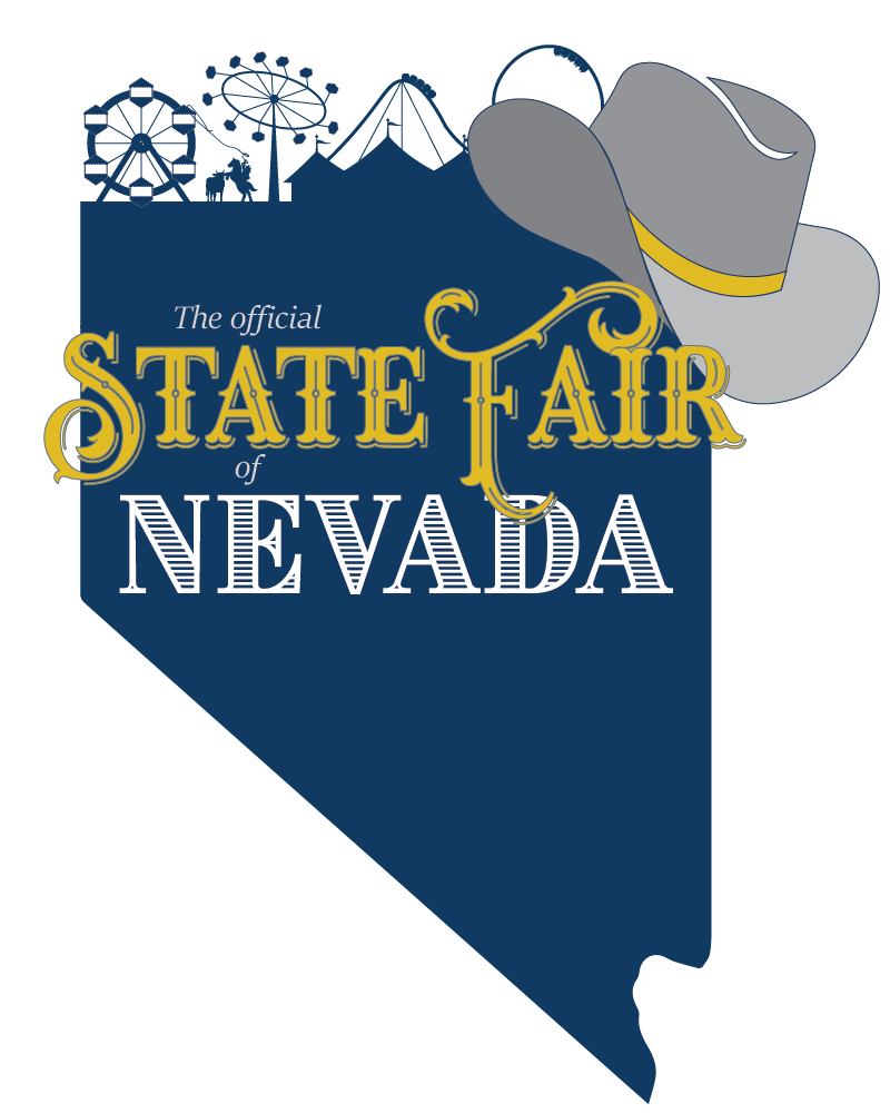 Official State Fair of Nevada logo featuring silhouettes of the shape of the state of Nevada, carnival rides, cow roping, and a cowboy hat