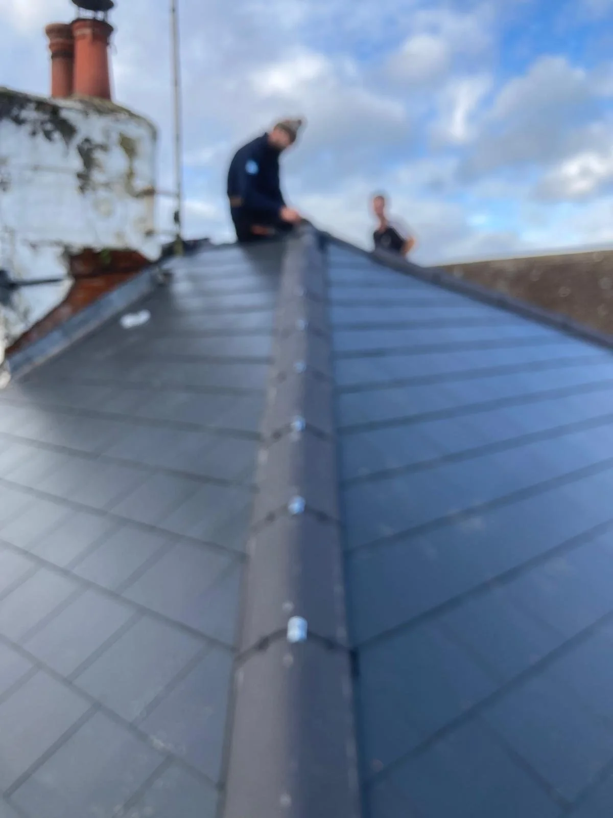 Two workers inspect a metal roof on a cloudy day, with one in the foreground and the other in the background.