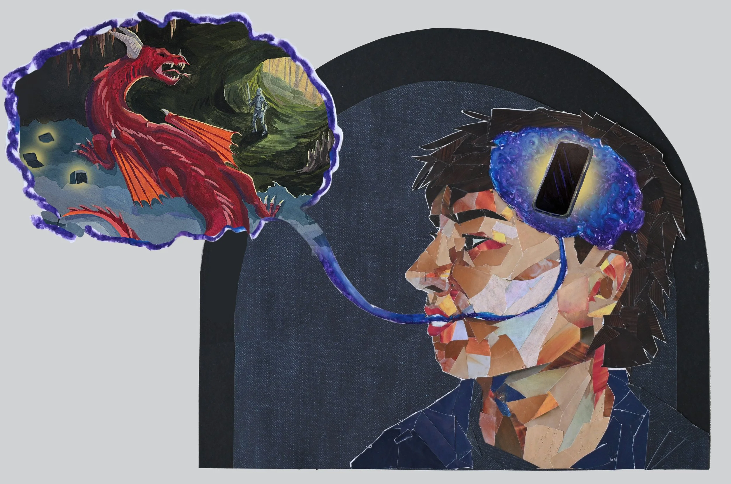 "Fixation" Gouache paint, oil pastels, collaged magazines, 23 x 34 in