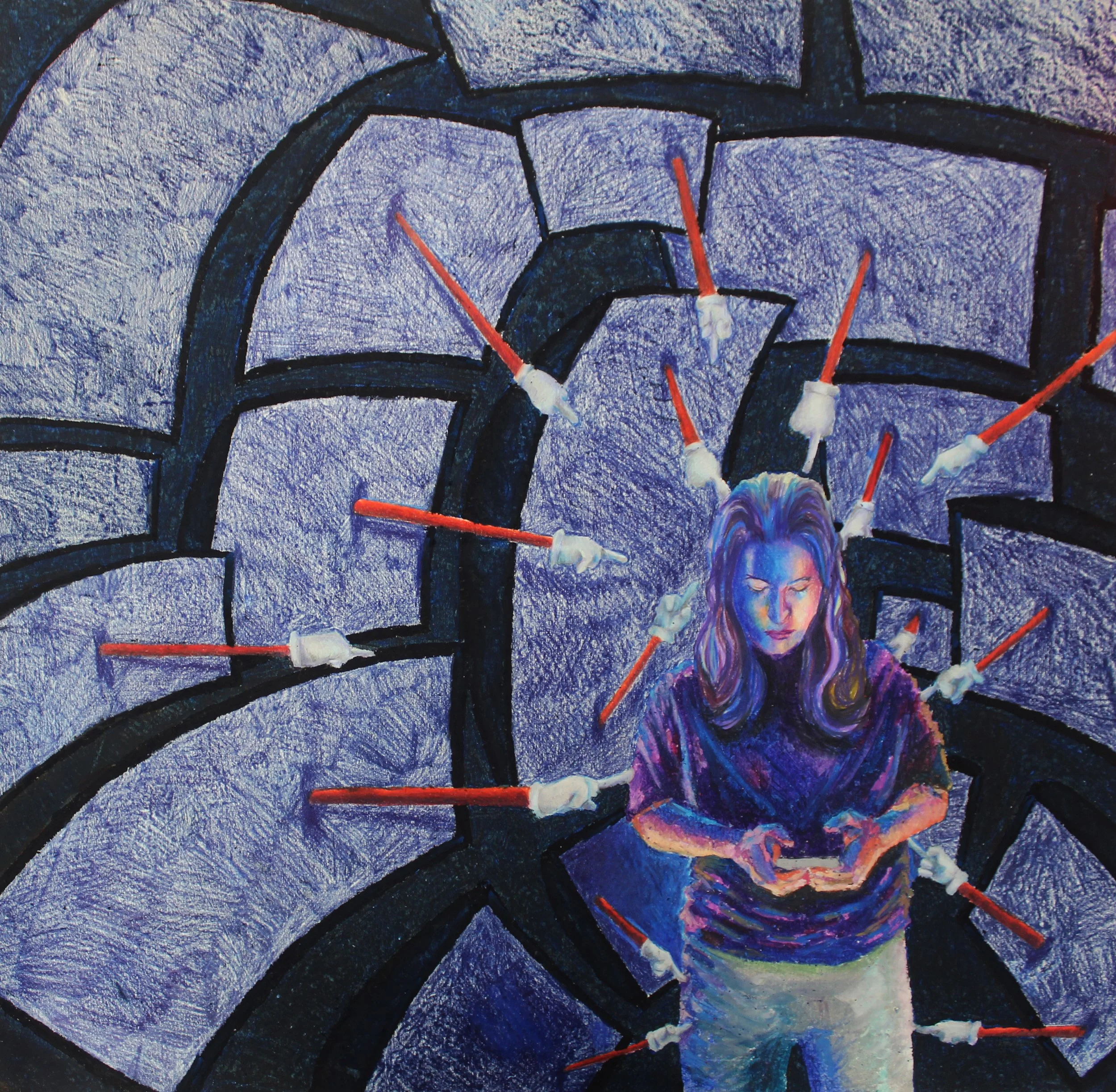 "From All Sides" Oil pastel and colored pencil, 24 x 25 in
