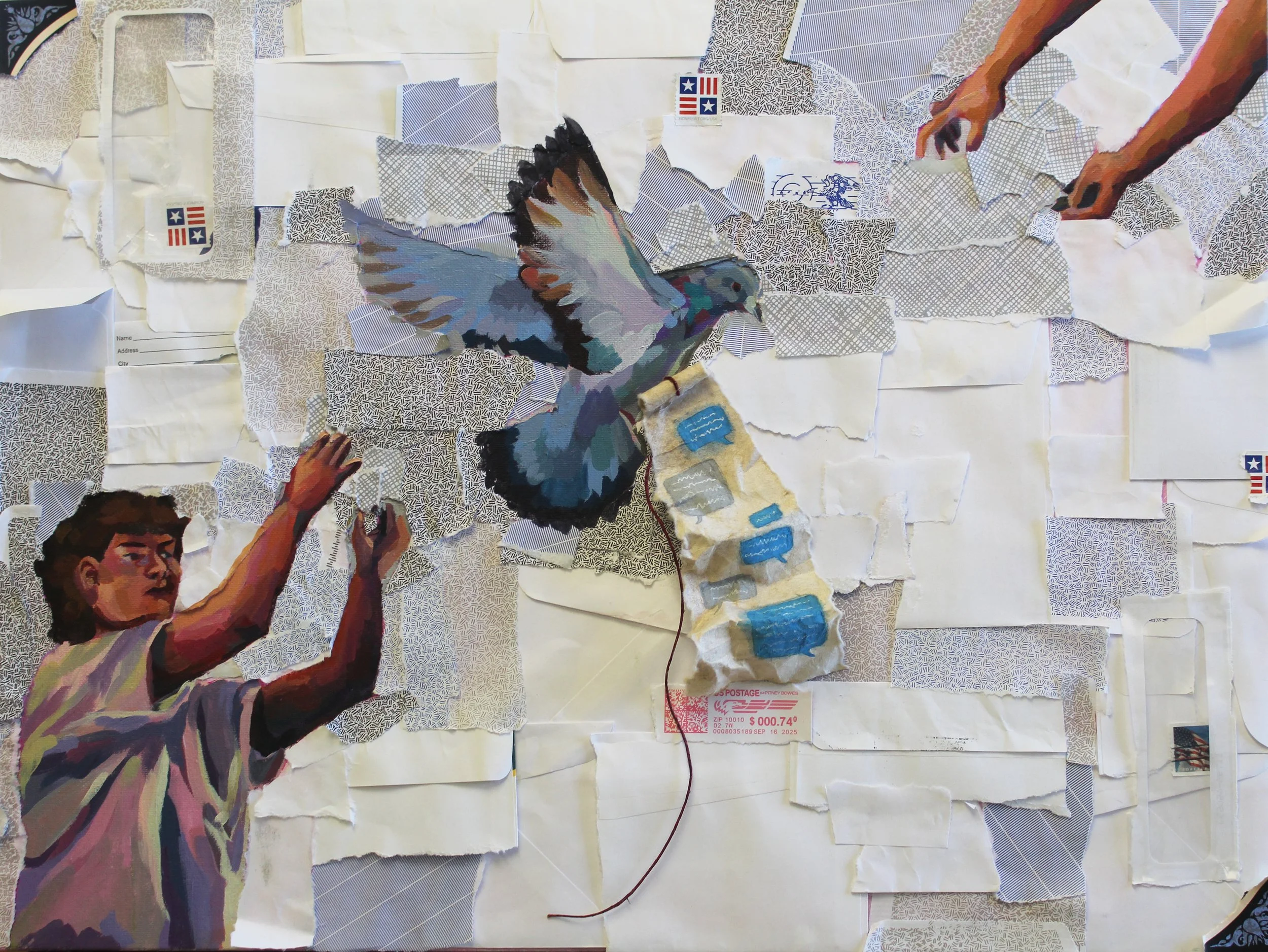 "Instantaneous" Acrylic paint and collaged mail, 18 x 24 in