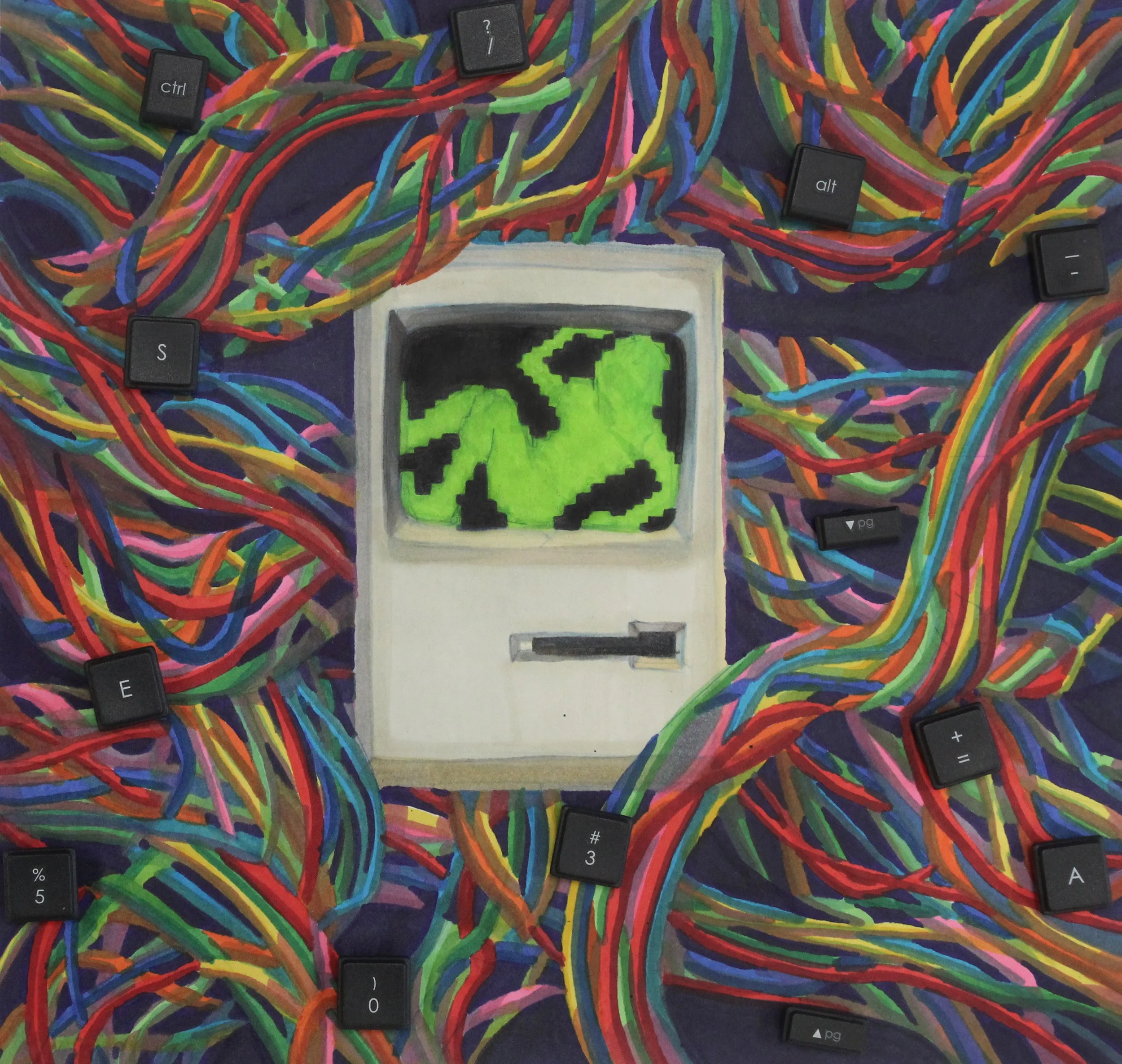 "Touch Grass" Alcohol markers, broken keyboard, 10 x 11 in