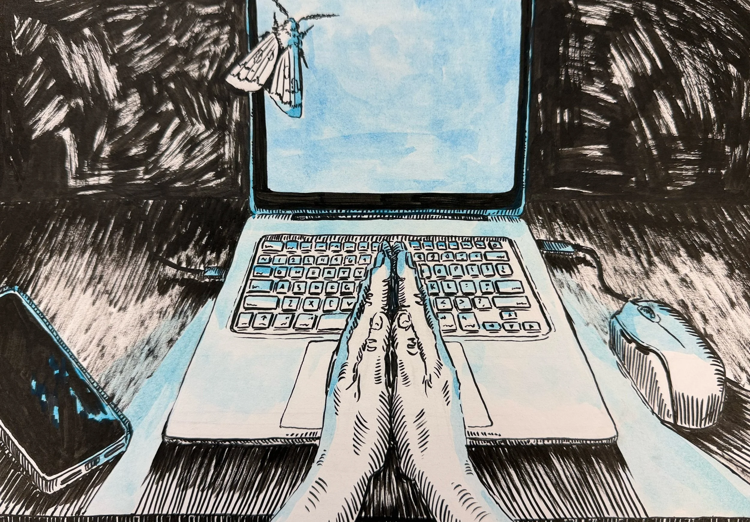 "Ultraviolet" Ink pen & watercolor, 8 x 12 in