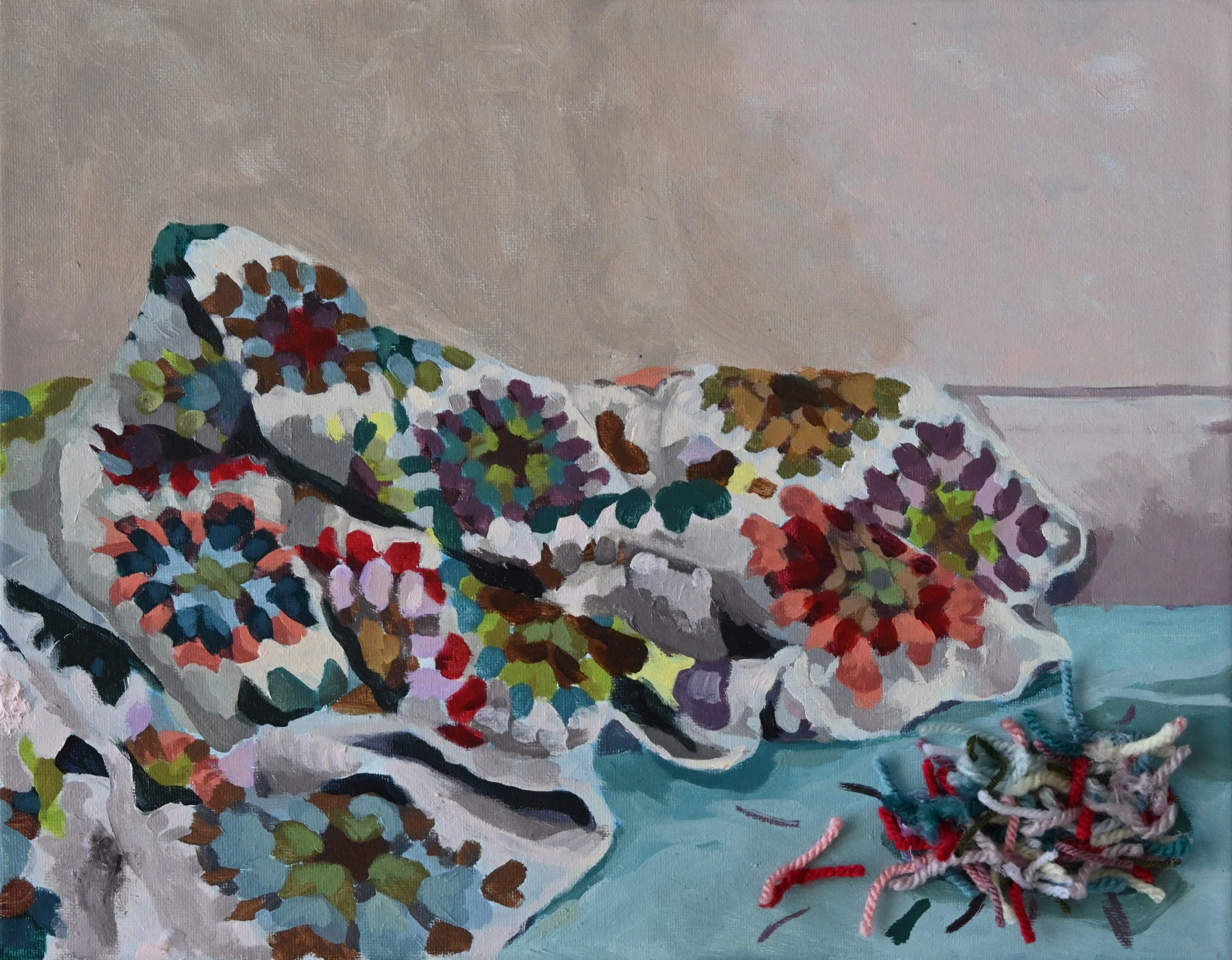 "Granny Squares" Acrylic paint & yarn scraps, 11 x 14 in