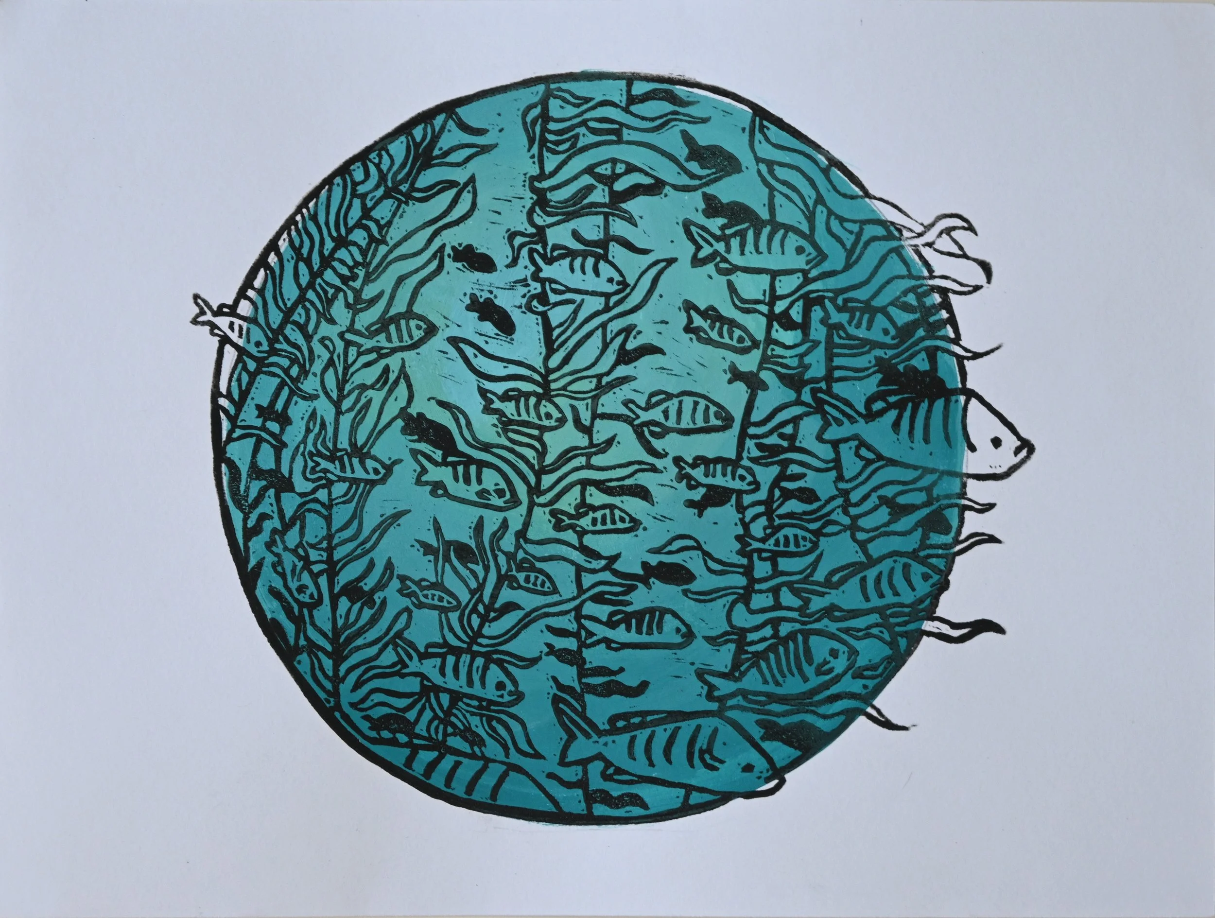 "Ripples" Acrylic paint, linoleum block print, 9 x 12 in